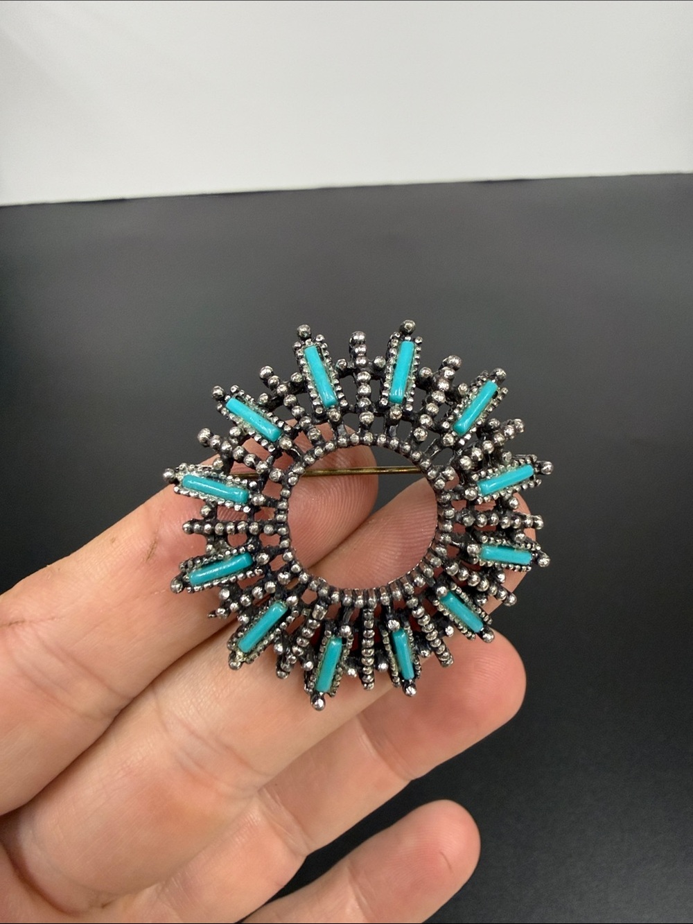 NYT Turquoise and Silver Sunburst Brooch